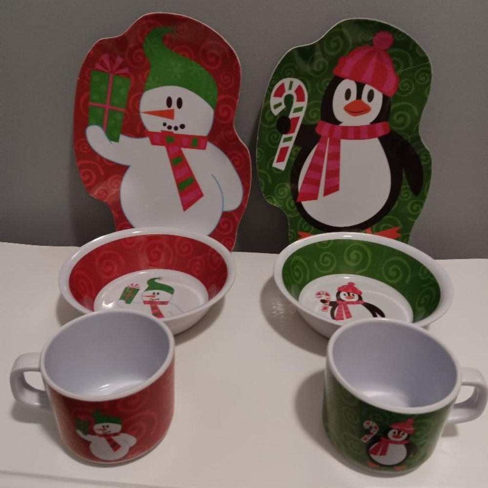 2 Sets Children's 3 Piece Melamine Holiday Dish Set  - Snowman & Penguin